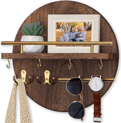 Nekon Key Holder Wall Mount, 11.8” Wood Mail Organizer for Wall, Brown | Round Wall Shelf with 6 Key Hooks, Rustic Key and Mail Holder, Key Hanger for Entryway Hallway Kitchen