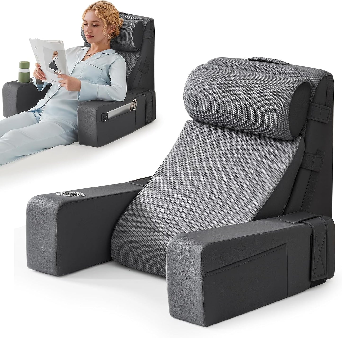Reading Pillow for Bed with Adjustable Armrests and Side Pockets, Back Pillow for Bed Sitting Up, Sit Up Pillow, and Bed Pillows for Sitting Up, Ideal for Reading, Watching TV and Relaxing, Light Gray