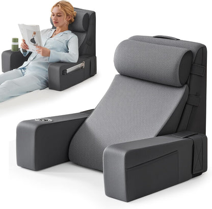 Reading Pillow for Bed with Adjustable Armrests and Side Pockets, Back Pillow for Bed Sitting Up, Sit Up Pillow, and Bed Pillows for Sitting Up, Ideal for Reading, Watching TV and Relaxing, Light Gray
