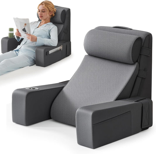 Reading Pillow for Bed with Adjustable Armrests and Side Pockets, Back Pillow for Bed Sitting Up, Sit Up Pillow, and Bed Pillows for Sitting Up, Ideal for Reading, Watching TV and Relaxing, Light Gray