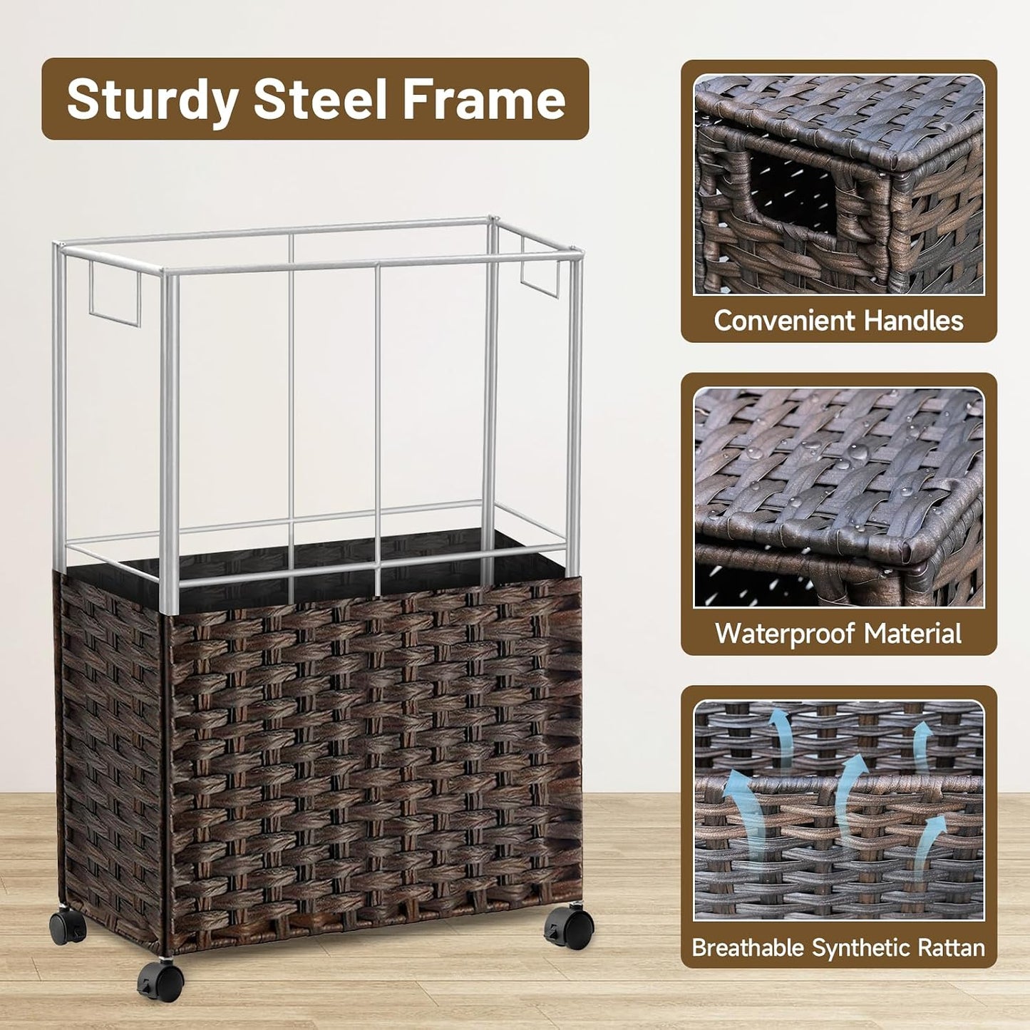 70L Slim Laundry Hamper with Lid & Wheels, Rolling Laundry Basket with 2 Removable Liner Bags & 3 Mesh Bags, Narrow Dirty Clothes Basket, Foldable Handwoven Rattan Laundry Sorter, Brown