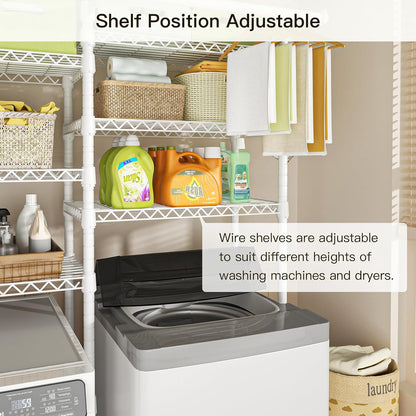 U13 Medium Over Washer and Dryer Storage Shelves, 6 Tiers Laundry Rack | Metal Clothes Drying Rack Space Saver with 2 Hanger Rods and Hooks, Laundry Room Standing Shelf Above Washer Dryer, White