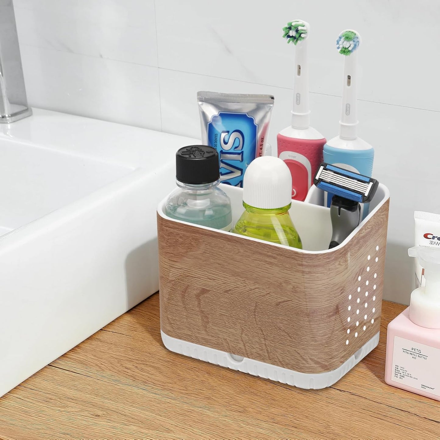 Bathroom Toothbrush Holders, Toothbrush and Toothpaste Holder (Wood Grain) | Easy To Clean, Drainage, Removable, Non-Slip, 4 Slots Tooth Brush Holder for Bathroom Countertop Organizer