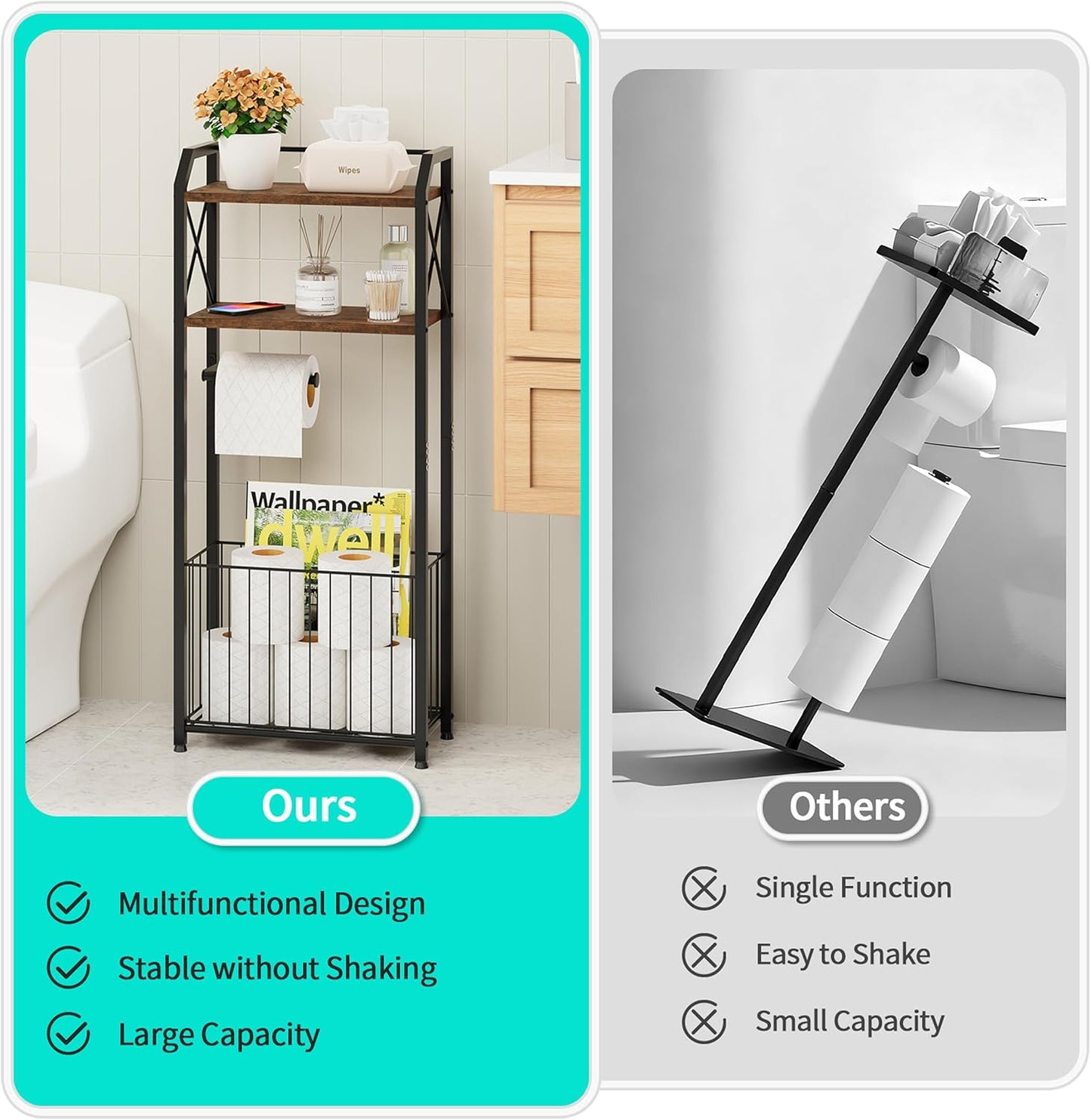 HapiRm Freestanding Toilet Paper Holder - 4-Tier Bathroom Tissue Organizer with Wood Shelves and Large Basket, Toilet Paper Holder Stand for Bathroom, Laundry Room, Apartment - Black（Large）
