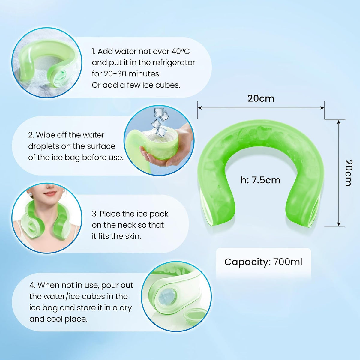Neck Cooler for Hot Weather, Reusable Wearable Ice Water Neck Wrap with Wide Mouth for Ice Cubes, U-Shaped Cooling Neck Pack for Summer Heat, Outdoor Work, Sports, Travel & Hot Flashes, Blue
