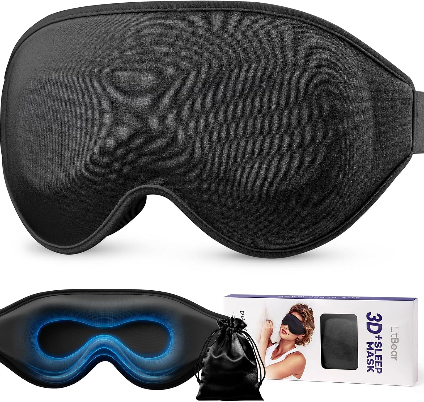 LitBear Sleep Mask for Lash Extension, Blackout Sleeping Mask for Women Men | 3D Contoured Zero Eye Pressure, Soft Breathable Eye Mask Sleep with Adjustable Strap, Pouch for Travel, Black