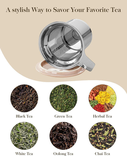MALACASA Ceramic Tea Mug with Lid and Stainless Steel Infuser, 18 oz Large Tea Cup for Loose Leaf Tea, Heat-Resistant, Microwave & Dishwasher Safe, Speckled Glaze Coffee & Tea Brewer Mug, Khaki Brown