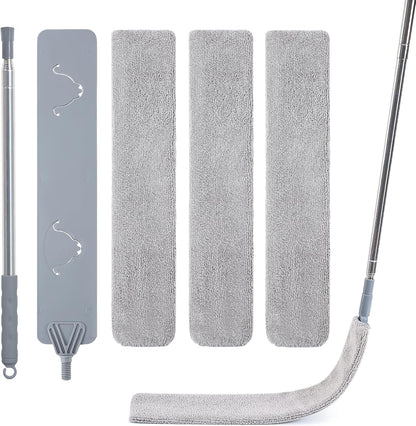 IVYROLL Skinny Duster with Extension Pole for Under Furniture | Under Appliance Cleaning Tool with 3 Microfiber Dusting Cloths, Retractable Flat Duster for Under Refrigerator, Gap