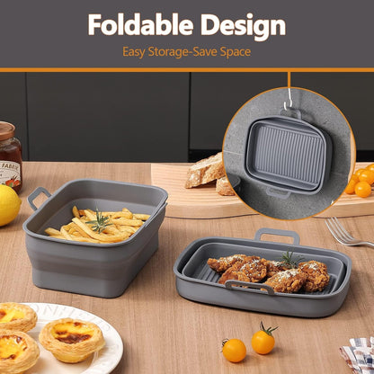 Collapsible Silicone Air Fryer Liners 8QT 10QT Ninja Dual (Gray) | 2 Pack Food Grade Platinum Silicone, Snug Rectangular Fit, Grease Drainage Ridges, Dishwasher Safe, BPA Free Basket Liner