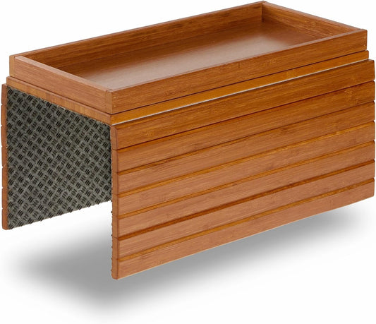 DETOR Couch Arm Tray with Spacious 12.4" x 5.4" Storage Box, Walnut Bamboo Finish, Enhanced Non-Slip Felt Bottom, Sturdy Bamboo Slats, Fits Armrests 6" and Wider
