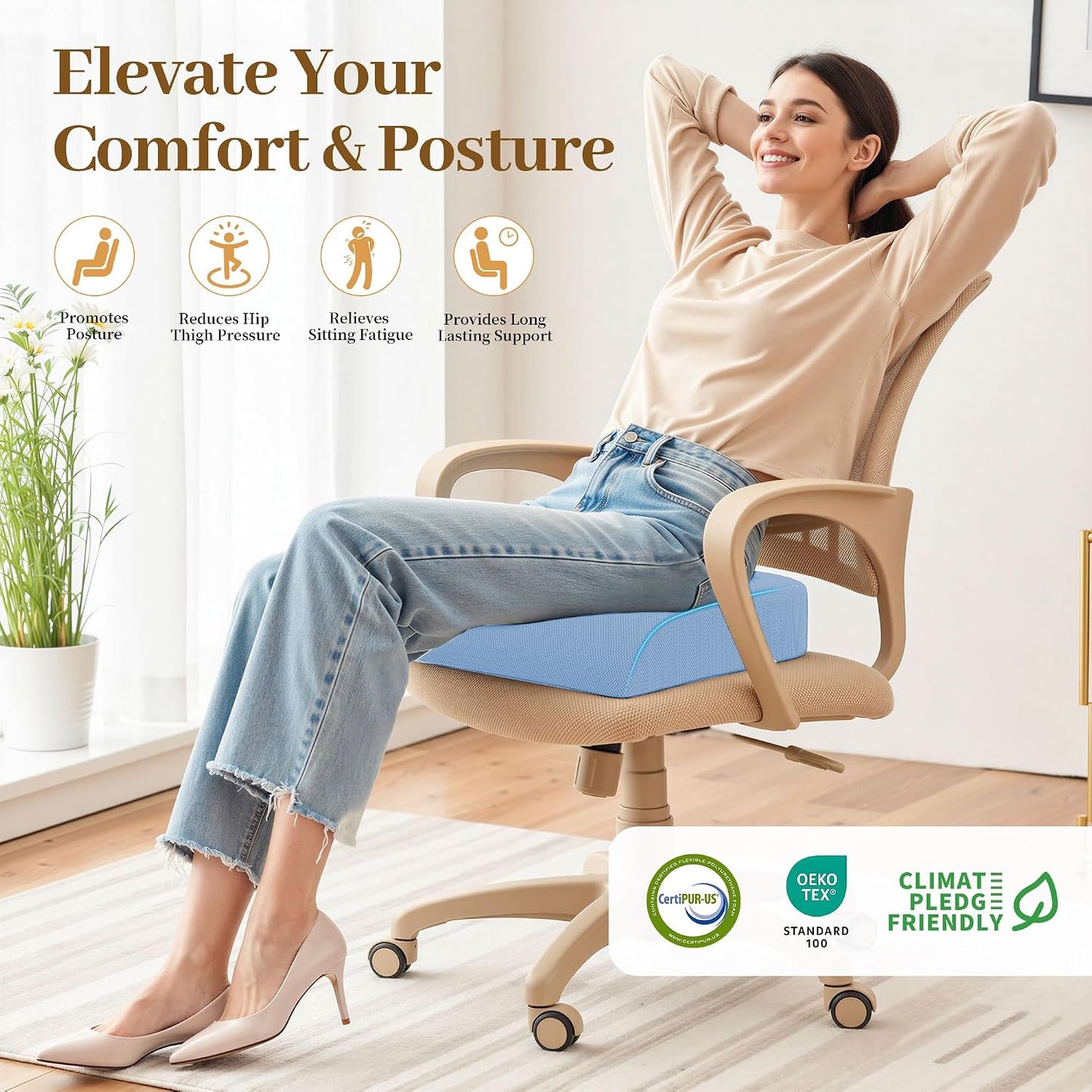 TranquilRelax Memory Foam Seat Cushion for Office Chair, 3-Inch, Black | Medium-firm Support for Long Sitting, Washable Mesh Cover, Non-slip Base, Perfect for Car Seats & Short Drivers