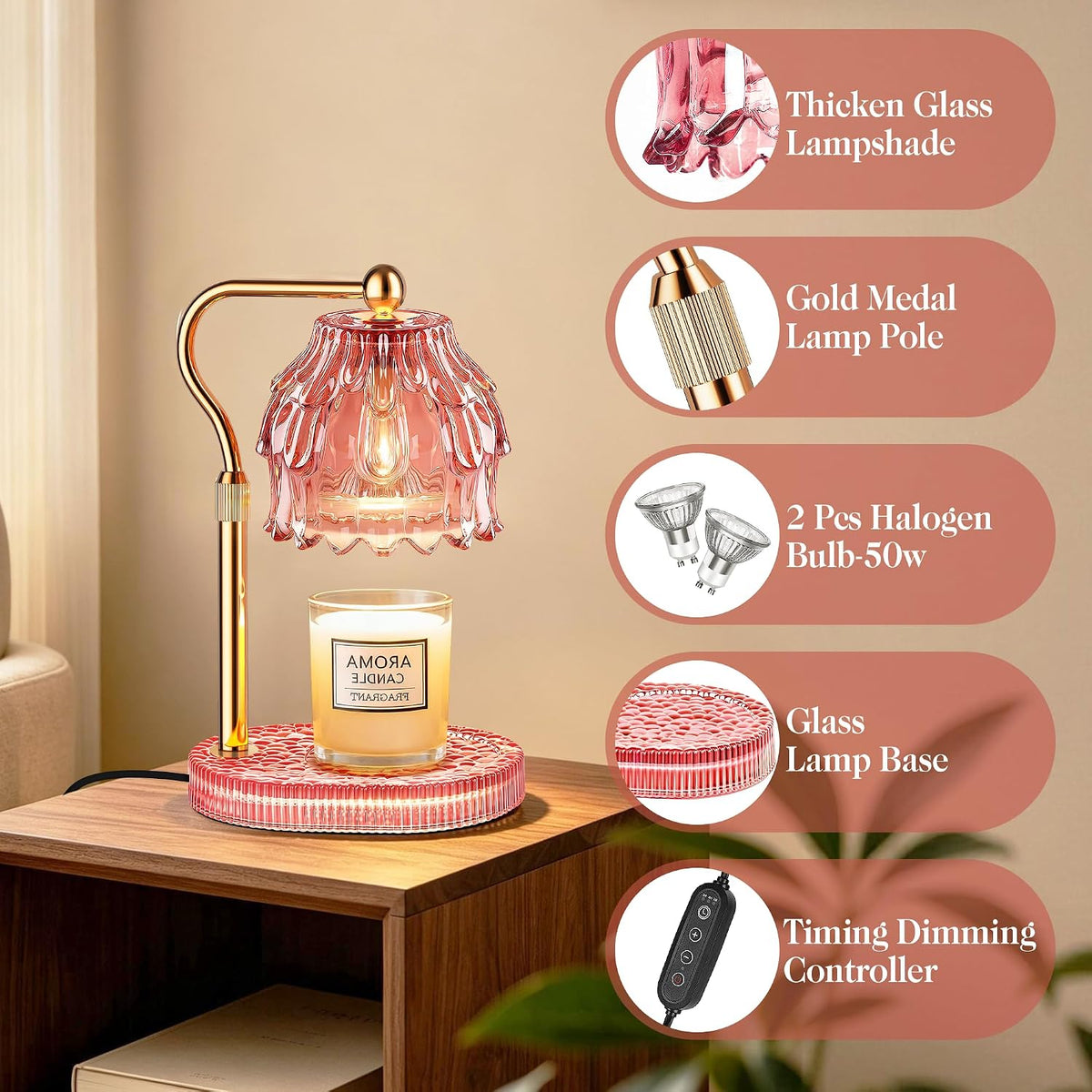 Candle Warmer Lamp with Timer Dimmer, Modern Wax Warmer for Scented Wax Jar Candle Warmer with 2 Bulbs, Adjustable Height Glass Lamp for Gifts for Women, Home Decor, Gold Amber
