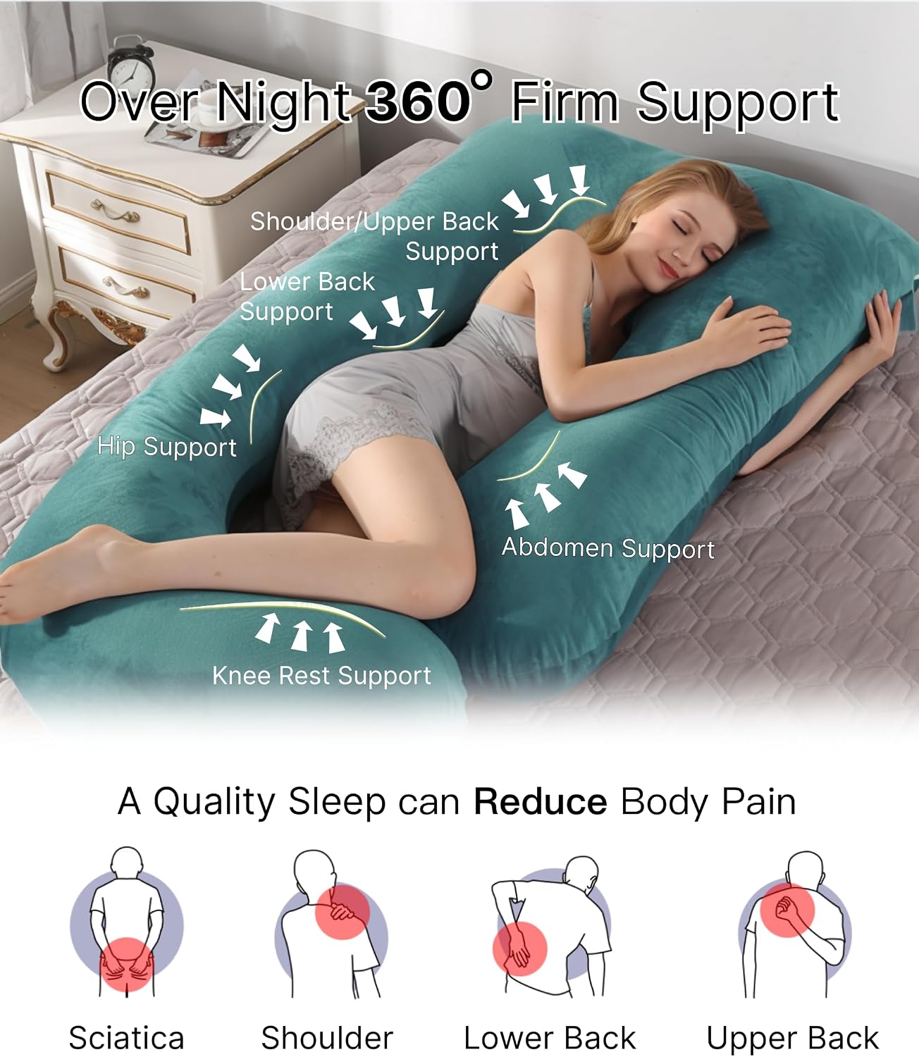 ALLOPERA Pregnancy Pillows for Sleeping, 57-Inch U-Shaped Full Body Maternity Pillow with Adjustable Fill and Removable Washable Cover, Back, Belly, Hip and Leg Support for Pregnant Women, Black Grey
