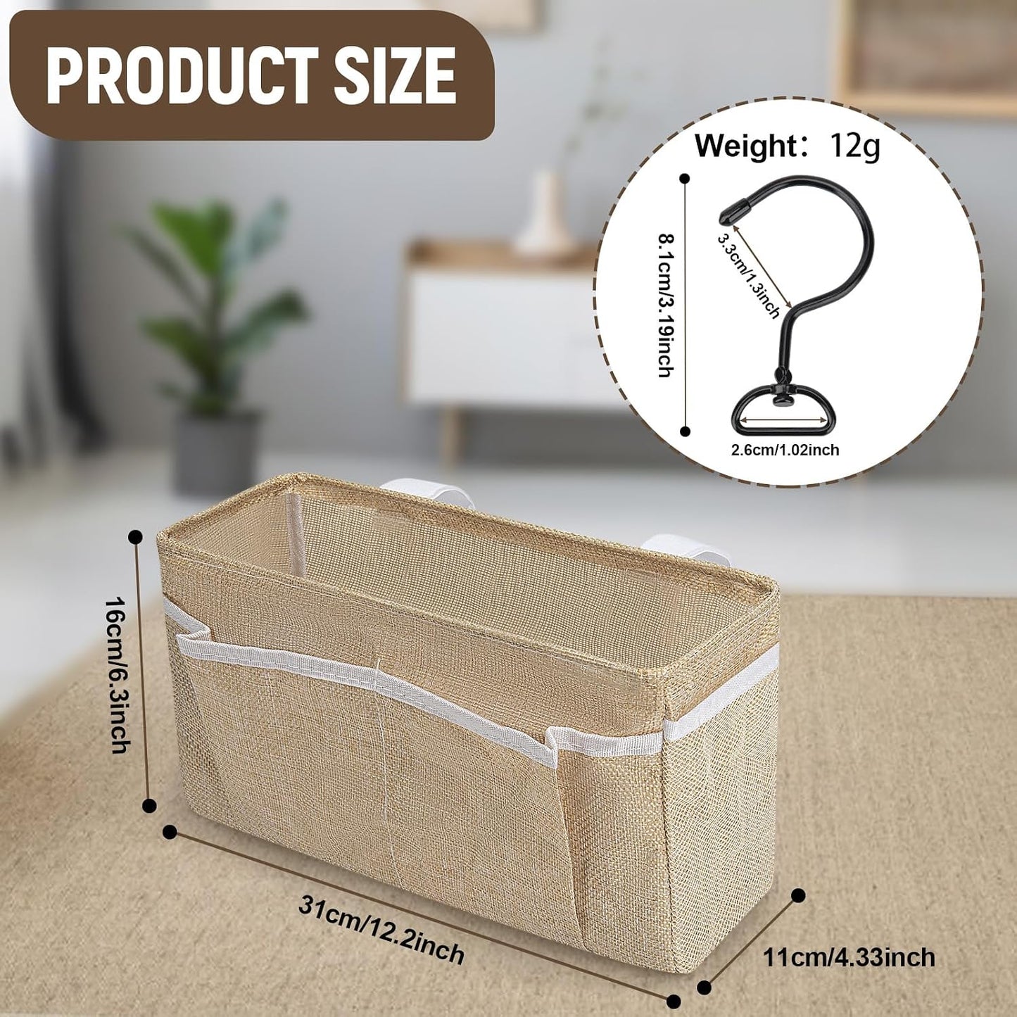 Bedside Caddy, bedside organizer, Hanging Organizers (Beige) | Storage Bags with Self-adhesive on The Back to Hang Over Beds for Headboards, Bunk Bed, Car Seat Back Organizers
