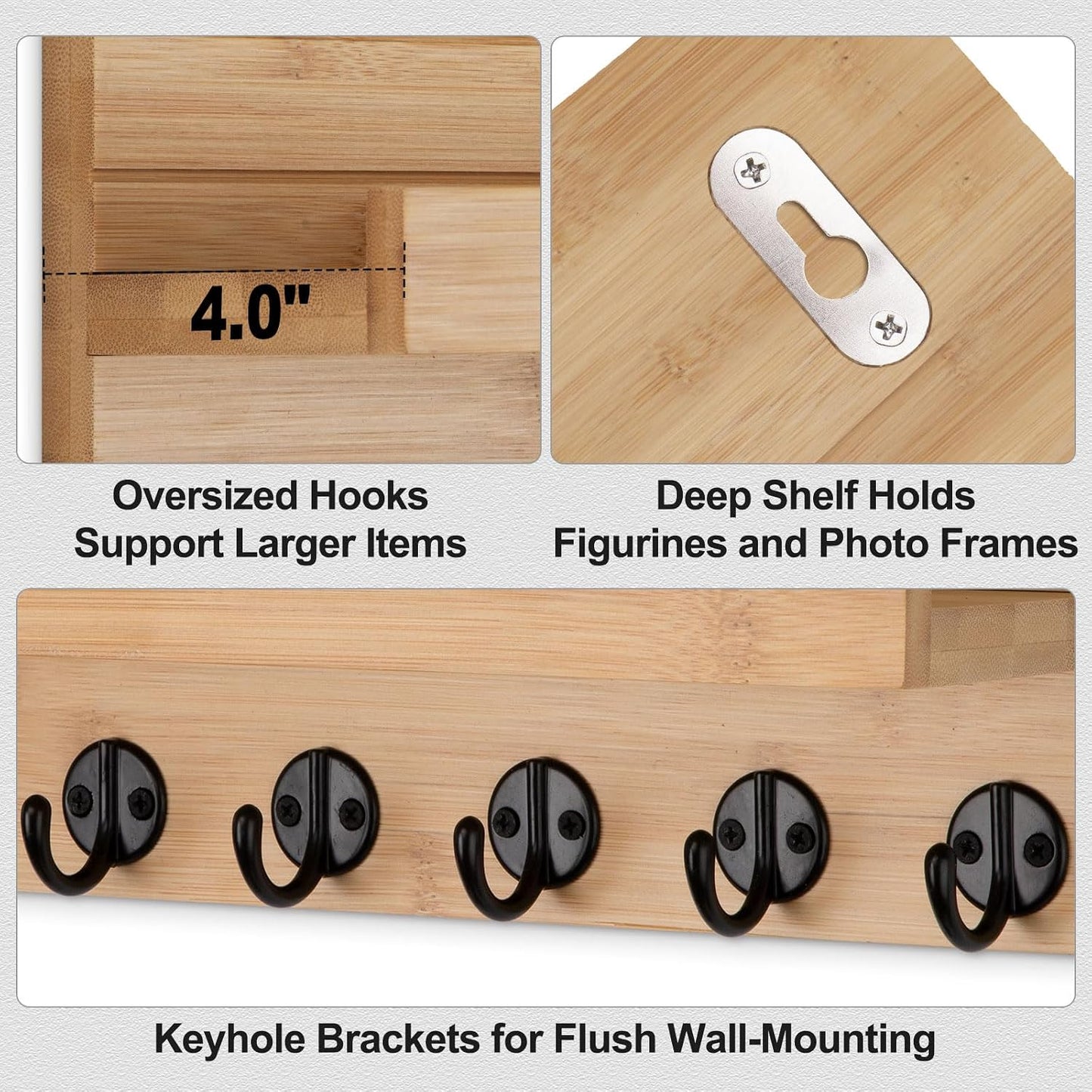 Lwenki Key Holder Wall Mount, Entryway Key and Mail Holder with 7 Sturdy Hooks for Sunglasses, Dog Leash, Decorative Wall Shelf with Mounting Hardware, 15”W x 6.7”H x 4.2”D