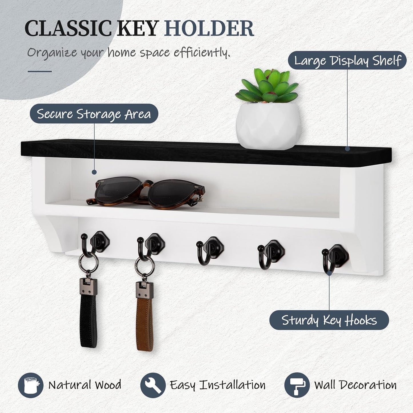 Nekon Key Holder Wall Mount, Wall Organizer Shelf with 5 Key Hooks | Wall Mounted Key Rack Room Decor for Home and Apartment Essentials