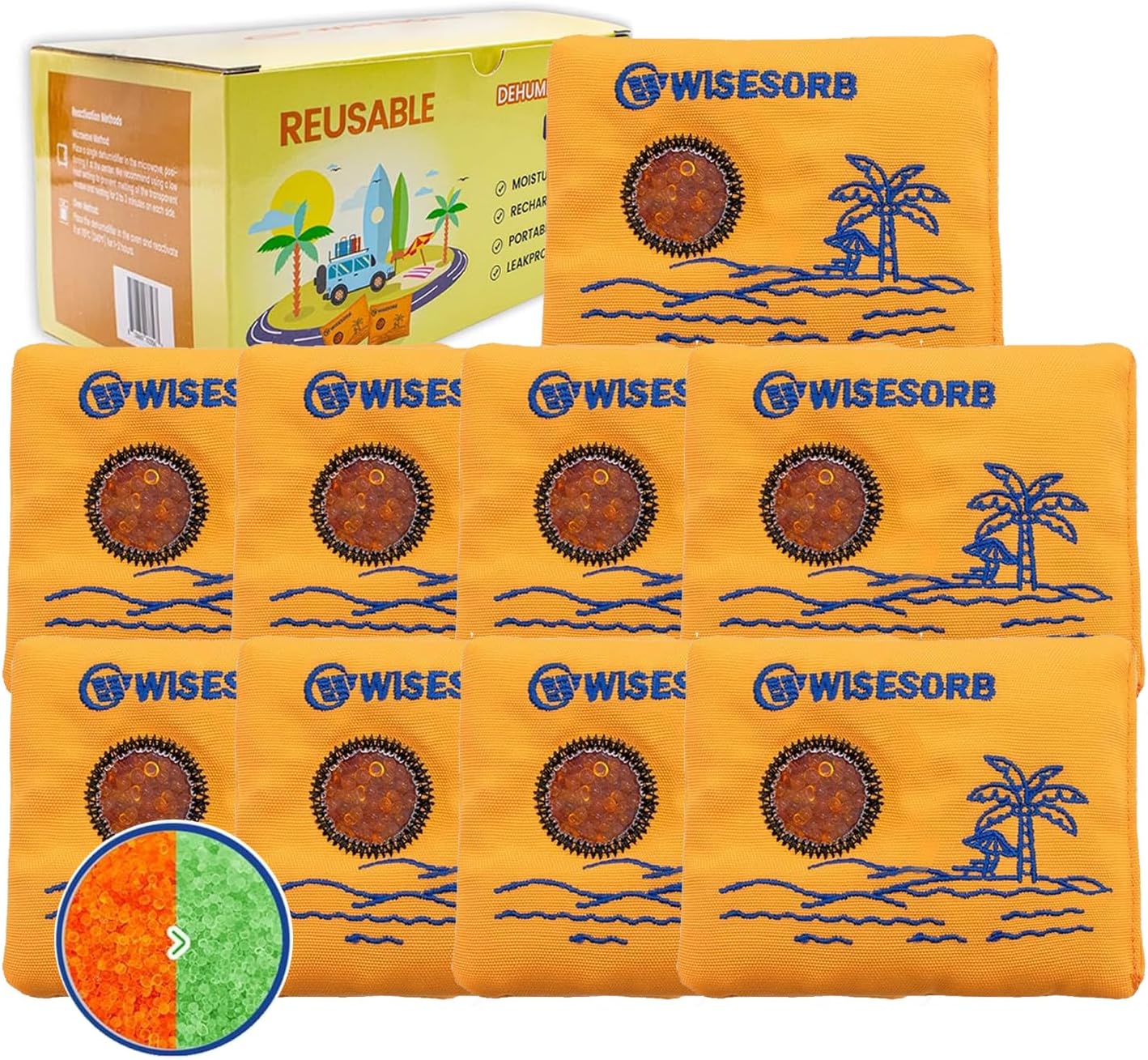 Wisesorb 500g 2pcs Rechargeable Car Dehumidifier Moisture Absorbers Bags, Reusable Desiccant Color Indicating Silica Gel Packets, Microwave Reactivated Visible Desiccant Packs for Car Closet Basement