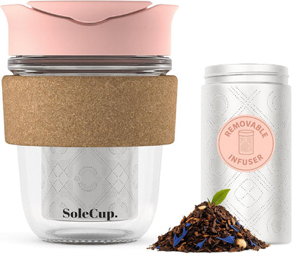 Large Travel Mug Loose Tea Infuser - Detachable Tea Strainer with Spill Proof Lid - 18oz/530ml BPA-Free Reusable Glass Travel Coffee Cup with Cork Band (Pink, 18oz)