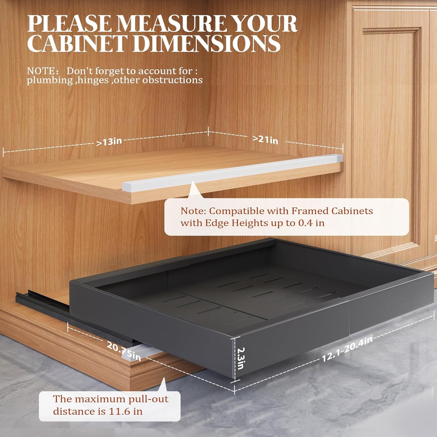 Seinloes 4 Pack Expandable Pull Out Cabinet Organizer 21"Deep With Raising Pad for Framed Cabinets,Upgrade 3 Slide Rails Slide Out Drawers,No Drill Roll Out Shelves,Adjustable Width 12.1"-20.4" White
