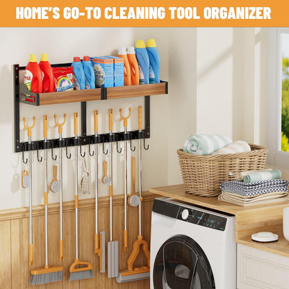 Broom and Mop Organizer Wall Hanging, Broom Holder Wall Mount with Cleaning Supplies Organizer, Broom Hanger Wall Mount with Storage Shelf and Hooks for Laundry Room Garage Kitchen