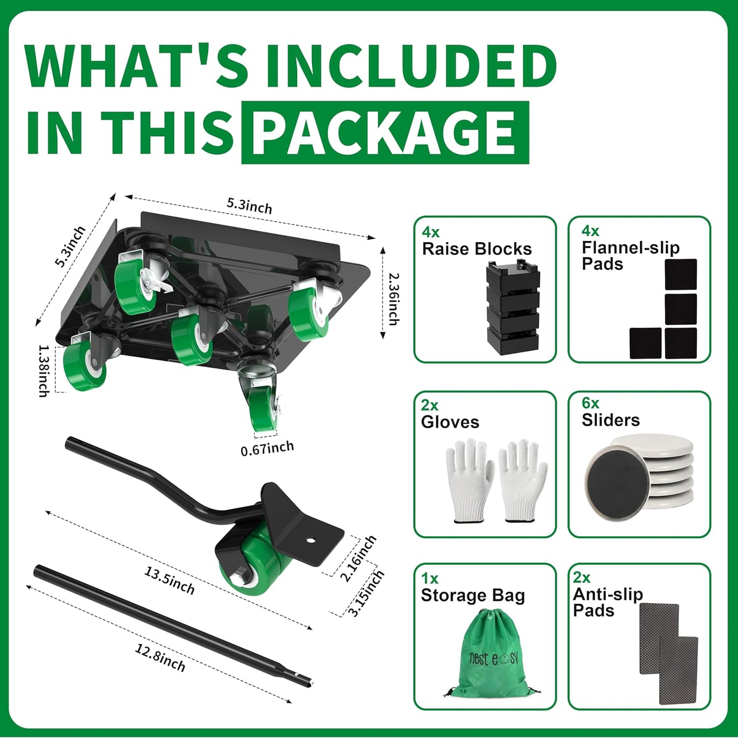 Heavy Duty Furniture Dolly 360 Rotate 5 Wheels 3000 Lbs Capacity 5.3x5.3 in | Furniture Movers with Green Wheels, Measure Tape & Leveler, Alloy Steel Furniture Lifter Tool for Smooth Home & Office Uses