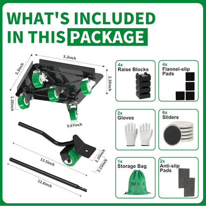 Heavy Duty Furniture Dolly 360 Rotate 5 Wheels 3000 Lbs Capacity 5.3x5.3 in | Furniture Movers with Green Wheels, Measure Tape & Leveler, Alloy Steel Furniture Lifter Tool for Smooth Home & Office Uses