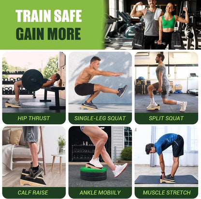 Squat Wedge Block, 1800 LBS Capacity, Wooden Squat Wedge for Heel Elevation | Storage Bag & Training Poster, 2-Pack Non-Slip Slant Board for Gym Squats to Improve Ankle Mobility, Balance & Weightlifting