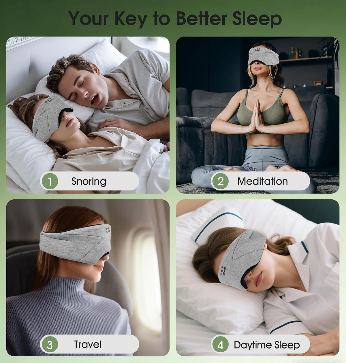 TOPOINT Sleep Mask with Bluetooth Headphones, 3D Eye Mask for Sleep Headphones with White Noise, Total Blackout, 5.4 Bluetooth, Timer, 15 Hours for Women Men, Travel, Meditation, Nap, CPAP Users