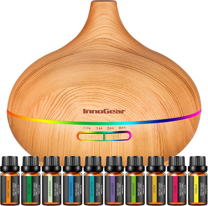 InnoGear Aromatherapy Diffuser & 10 Essential Oils Set, 400ml Diffuser Ultrasonic Diffusers for Home Cool Mist Humidifier with 4 Timers 7 Colors Light Waterless Auto Off, Dark Wood Grain