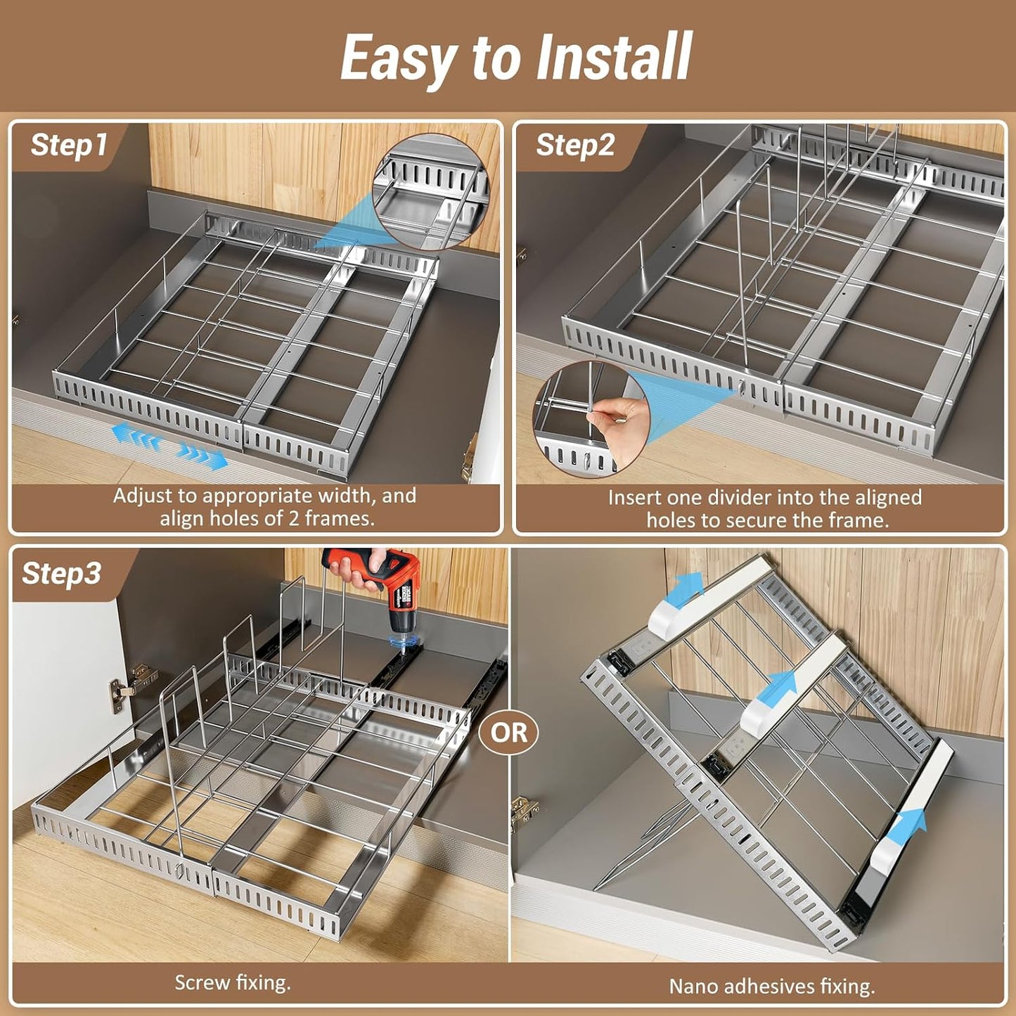 Housolution Pull Out Baking Tray and Cookie Sheet Cutting Board Organizer | 13"-22" Expandable, 21.5" Deep, 8 Adjustable Dividers, Sliding Rail Design, Sturdy Metal Structure, Adhesive/Screw Fixing