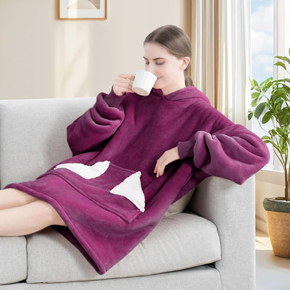 Wearable Blanket Hoodie, Oversized Sherpa Fleece Sweatshirt Blanket with Giant Hood Pocket and Sleeves for Adult, Warm & Cozy Grey Blanket Gifts for Women