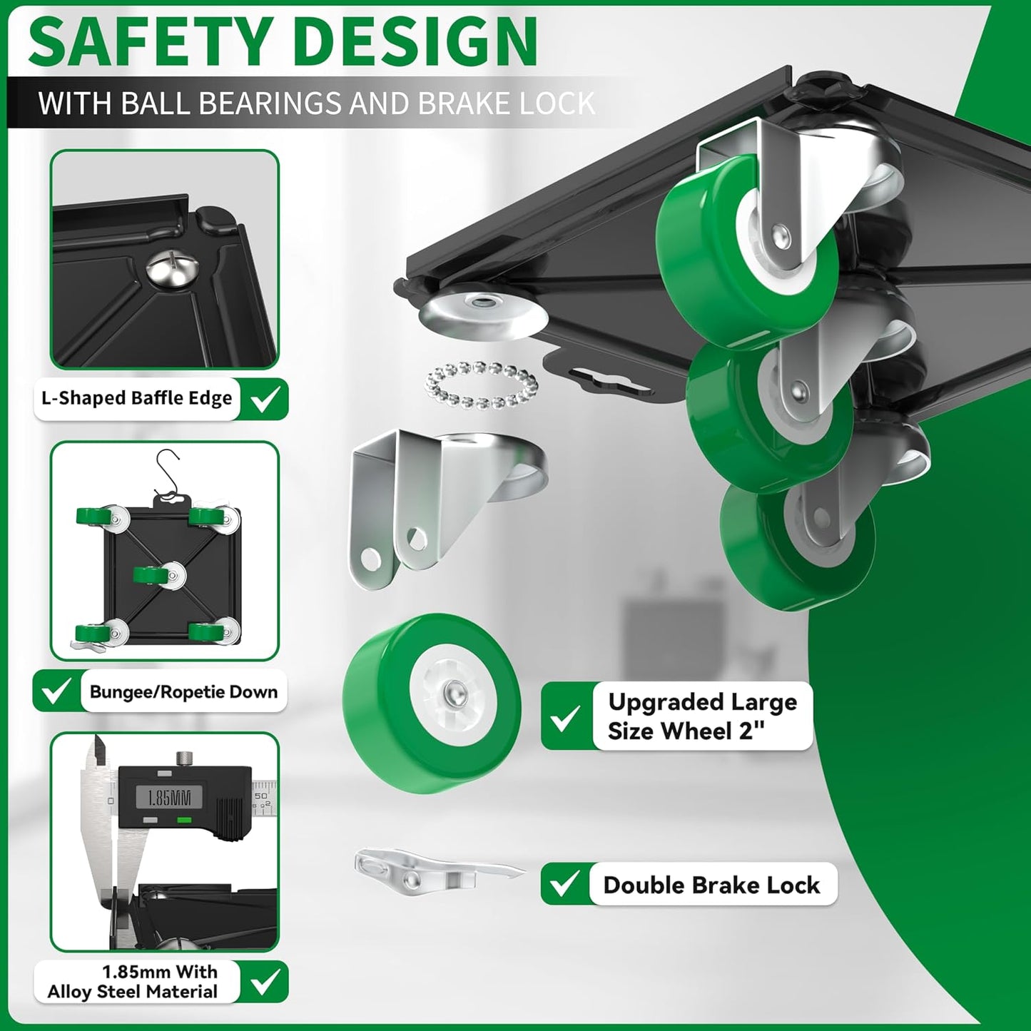 Heavy Duty Furniture Dolly 360 Rotate 5 Wheels 3000 Lbs Capacity 5.3x5.3 in | Furniture Movers with Green Wheels, Measure Tape & Leveler, Alloy Steel Furniture Lifter Tool for Smooth Home & Office Uses