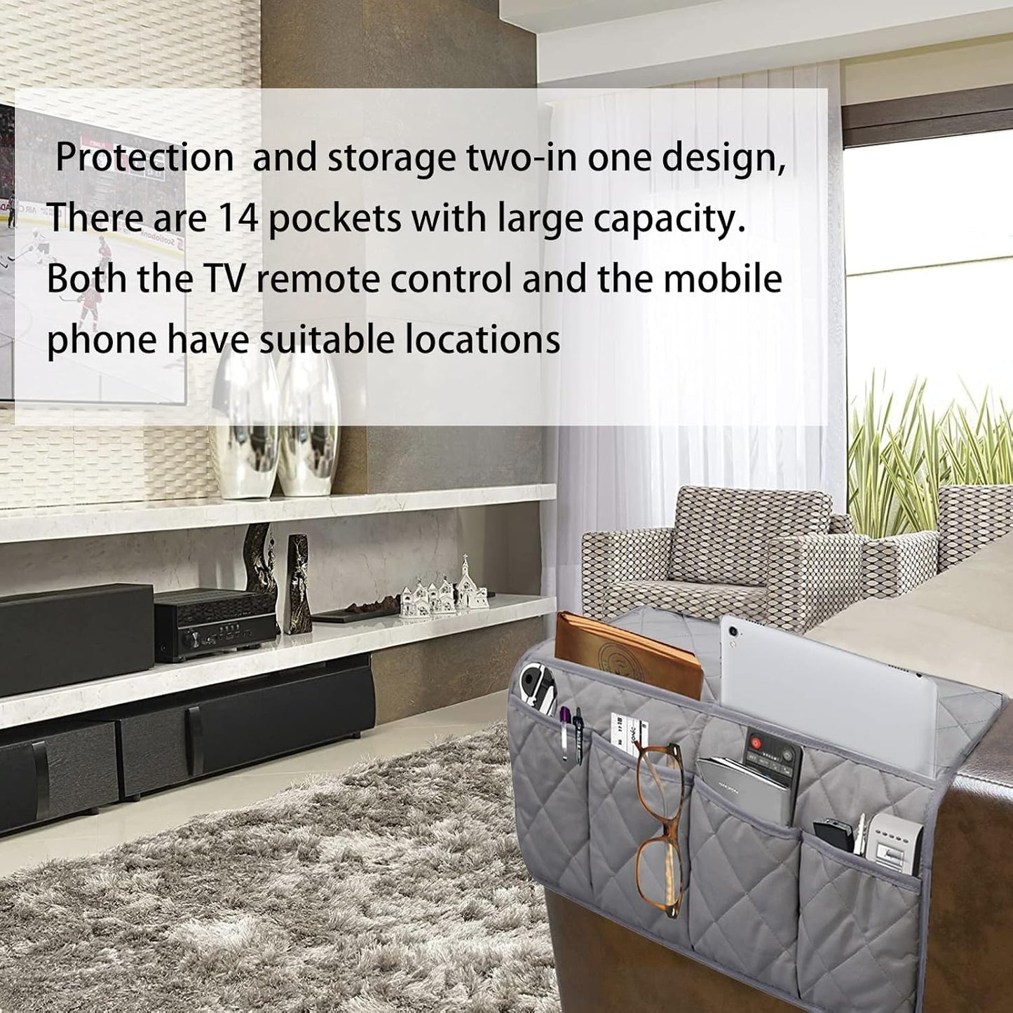 Armchair Caddy,Non Slip Recliner Organizer,Waterproof Sofa Armrest Organizer, Remote Control Holder for Recliner.Chair Arm Organizer with 14 Pockets for TV Remote, Phone, Magazine