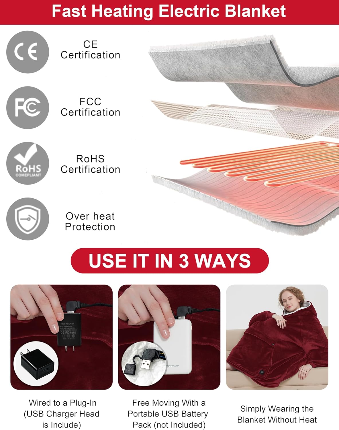 KFUBUO Wearable Heated Blanket Cordless Oversized Hoodie Sweatshirt
