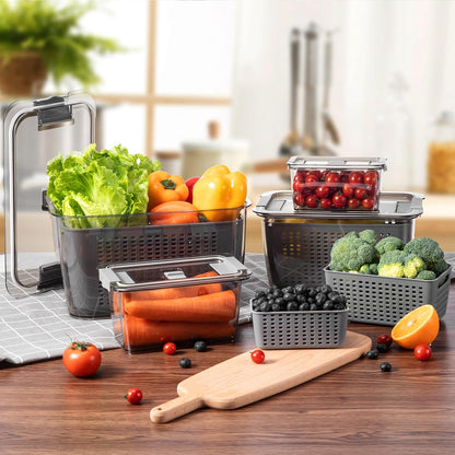 LUXEAR 4 Pack Fruit Vegetable Containers for Fridge, Produce Saver Container with Lids &Removable Colander BPA-free Refrigerator Storage Organizer for Fruit Vegetable, Berry, Meat keep Fresh Longer | BPA Free with Removable Colanders Leak-proof Fridge