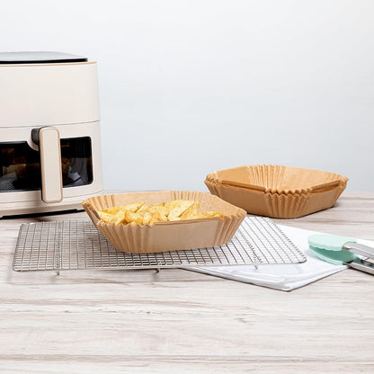Restaurantware-Pastry Tek 8.1 x 5.5 x 1.8 Inch Air Fryer Liners, 100 Rectangle Air Fryer Baskets - No-Stick Silicone Coating, Unbleached, Food-Grade Paper Liners, For Steamer, Microwave, Oven