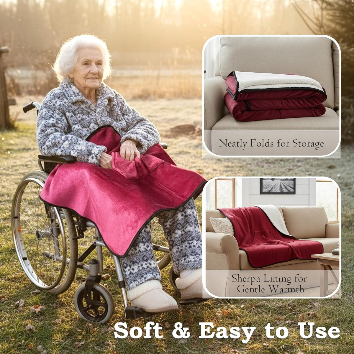 Wheelchair Lap Blanket for Seniors, 43" * 28" Soft Sherpa Lined Knee & Lap Cover, Warm Lightweight Throw with Snap Buttons, Cozy Comfort for Elderly & Caregivers, Wine Red