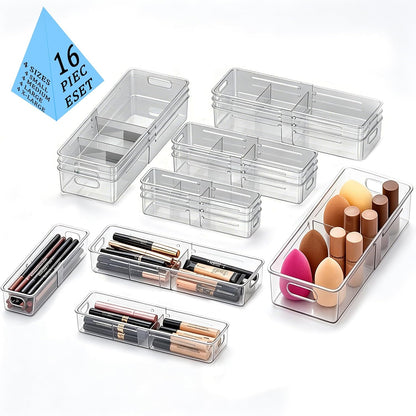 BLULEE 4-in-1 Expandable Drawer Organizer Set, Adjustable Clear Bins | with Dividers for Kitchen, Bathroom, Vanity & Office, Scalable Trays for Cosmetics, Utensils & Desk Accessories (4 Pcs)