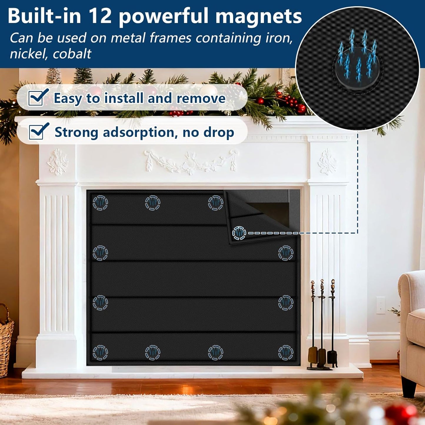 Magnetic Fireplace Cover 39"x32" Fireplace Draft Stopper Blocker Indoor | Fire Place Cover with Built-in 12 Strong Magnet for Iron Fireplace Frame Fireplace Screen