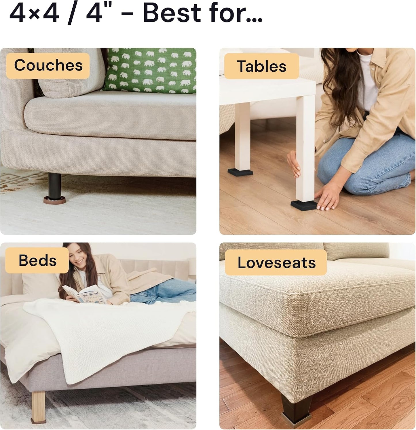 Non-Slip Furniture Pads - 4x4 in Brown, 4 Pack | Square rubber caster cups - anti-skid - Use for heavy sofas, beds & chairs on hardwood floors