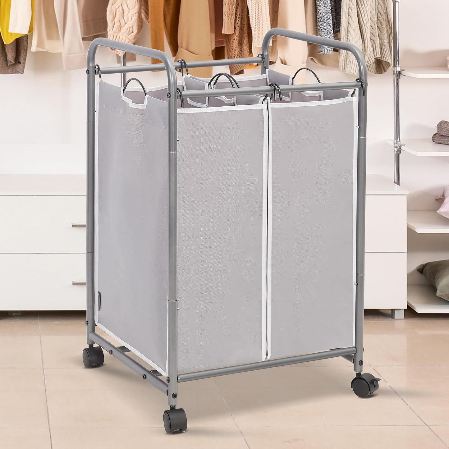STORAGE MANIAC 3 Section Laundry Sorter, 35.6 Gal (135 L) Laundry Hamper Cart with Heavy Duty Rolling Lockable Wheels and Removable Bags, Clothes Organizer Basket Separator Hamper, Gray