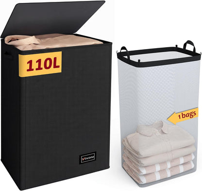 195L Laundry Hamper 3 Section,Large Laundry Hamper with Lid,Dirty Clothes Hamper with 3 Inner Bags,Collapsible Laundry Basket Organizer for Laundry Room,Bedroom,Laundry Sorter Hamper 3 Compartment