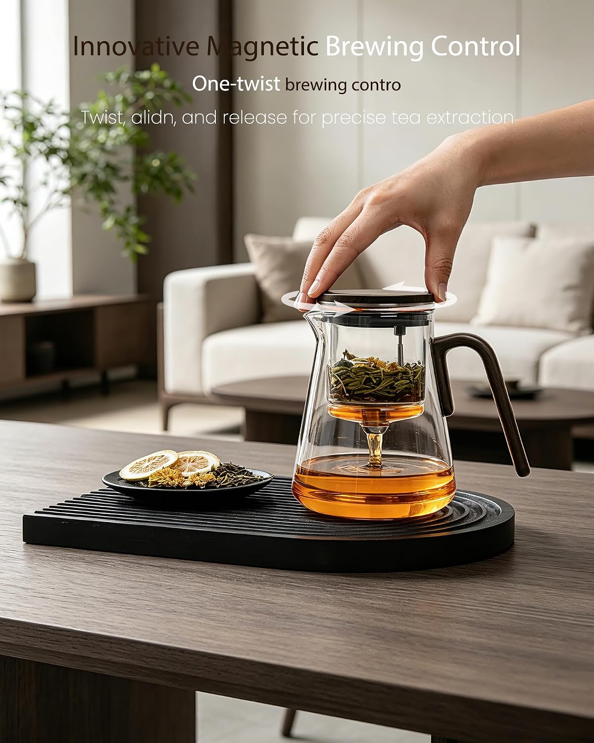 ZENS Magnetic Glass Infuser Teapot for Loose Tea, 27oz Walnut Wood Handle | Magic Teapot with Infuser, Echanted Tea Maker, Mess-Free Loose Leaf Tea Diffusers for Tea lover Gifts