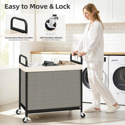 STORAGE MANIAC Rolling Laundry Hamper with Wheels 2-Section Laundry Sorter Rolling Laundrys Basket on Wheels with Removable Bag Clothes Hamper Laundrys Organizer Cart Bathroom Bedroom 100L Beige