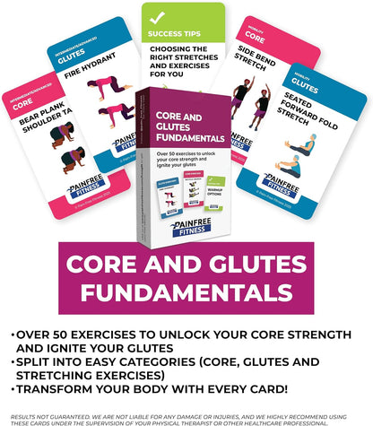 50 Exercise Cards Core & Glutes 3x5'' - Training Exercise Deck of Cards for Women & Men - Beginner to Intermediate - QR Video Guides & Inclusive Artwork - Bend & Tear-Resistant