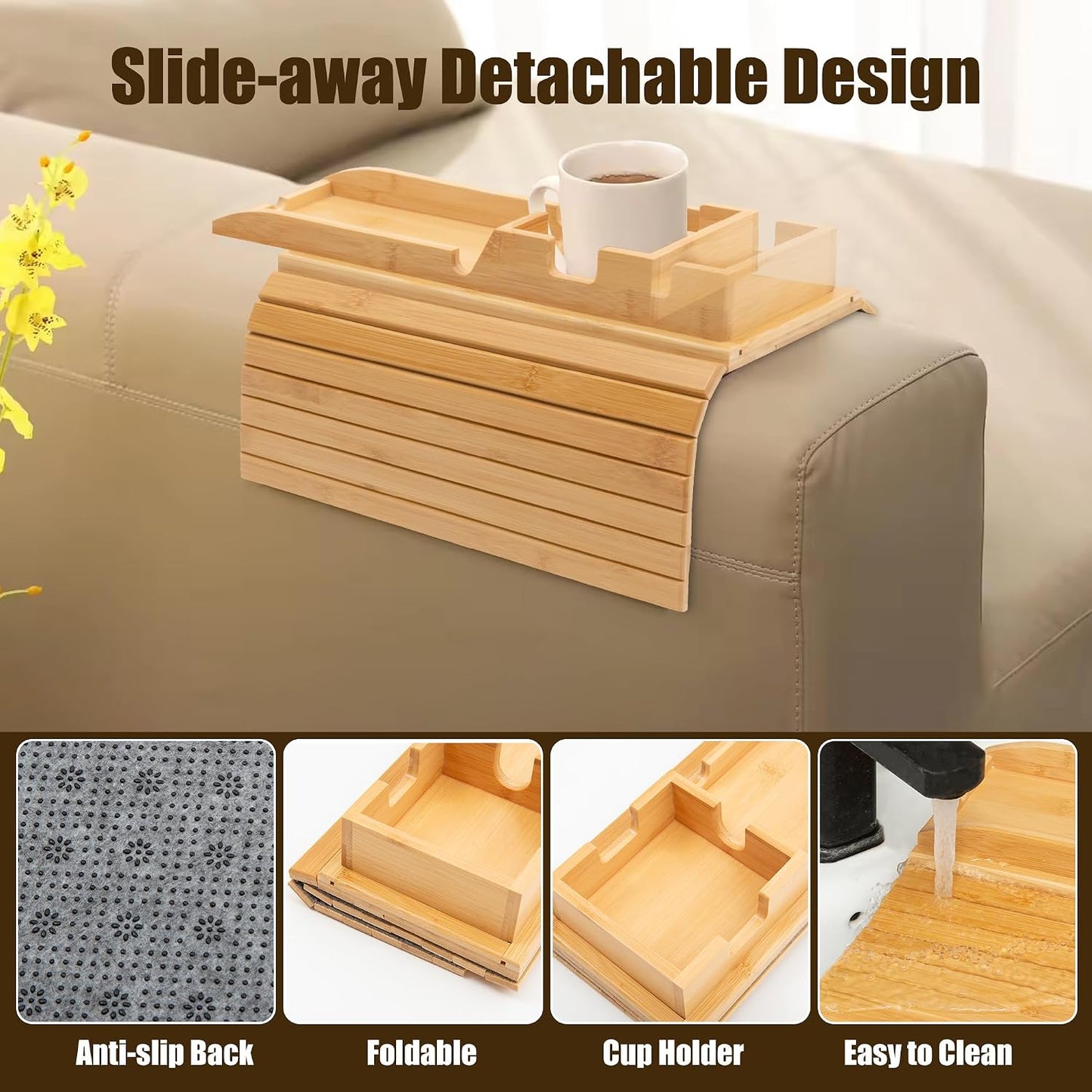 Bamboo Couch Cup Holder, Foldable and Anti-Slip Sofa Arm Table with Detachable Sofa Arm Organizer Tray, Portable 2 in 1 Sofa Armrest Tray for Drink, Coffee, Cup, Remote, Snacks, Cellphone, Glasses