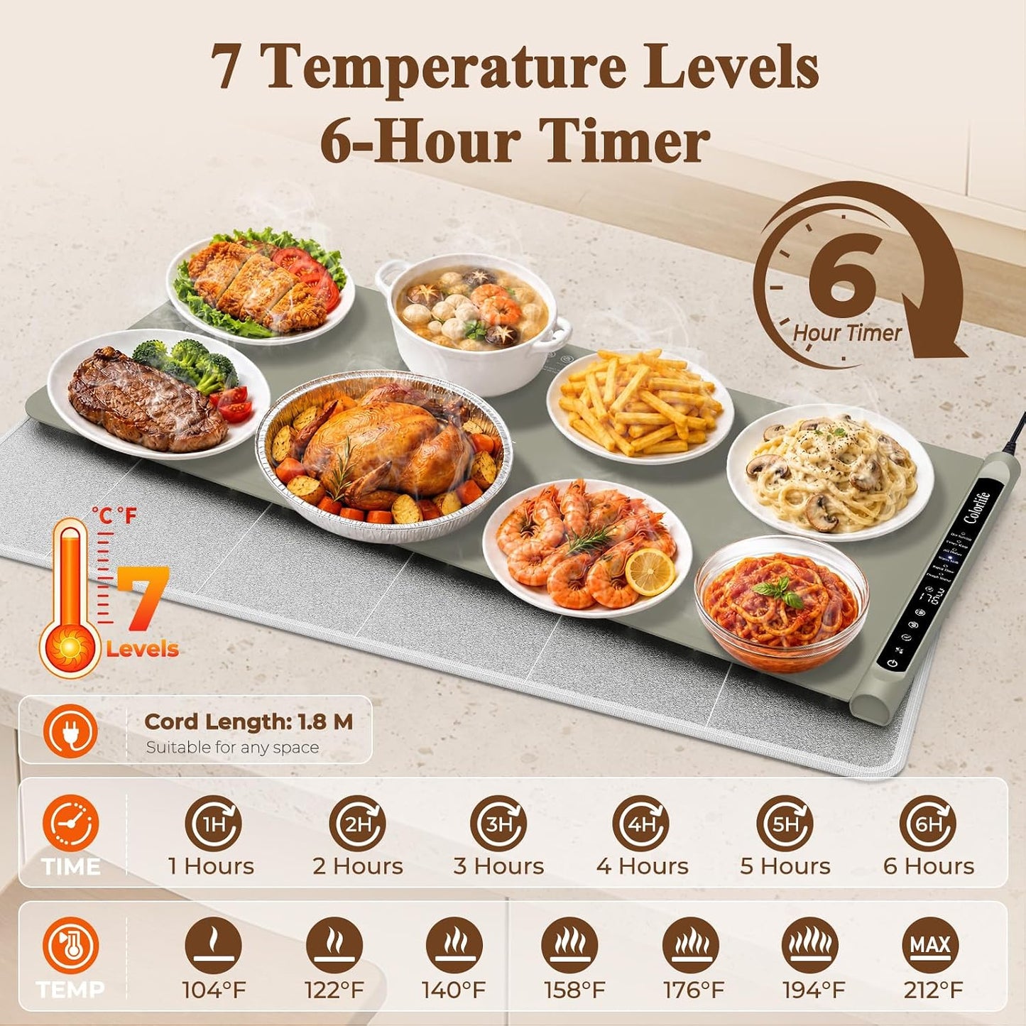 Warming Mat for Food, Electric Warming Tray with Heat-Resistant Pad-L Grey | Colorlife 6 Preset Modes, 7 Temps, 6H Timer, Child Lock, Auto-Memory, Rollable Silicone Food Warmer for Buffet, Parties