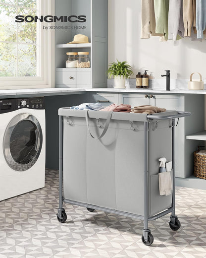 SONGMICS Laundry Basket with Wheels, 4-Section Rolling Laundry Hamper, 68.6 Gallons (260 L), Removable Liner, Steel Frame with Handle, 43.3 x 15.4 x 31.9 Inches, Cream White URLS014W01