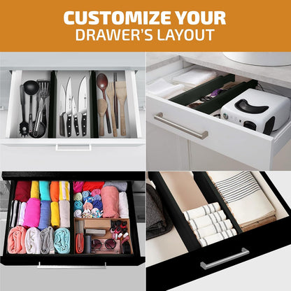 4-Pack Drawer Dividers 2.6-Inch High Dresser Organizer 16 to 22 Inch, Black | Bamboo, Spring Loaded, No Tools Needed, Fits Wide Drawers for Socks, Clothes, Utensils, Bedroom, Bathroom, Kitchen, Office
