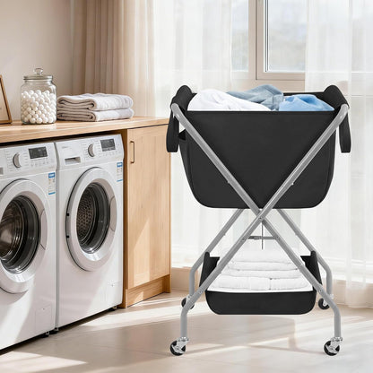 STORAGE MANIAC Collapsible Laundry Cart with Wheels 35.6"H Removable Canvas Bag Rolling Laundry Hamper Clothes Basket with Wheels, Sturdy Steel Frame Folding for Small Narrow Space Easy Storage, Beige